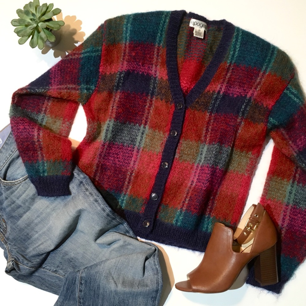 Vintage Mohair Magenta Navy Plaid Cardigan